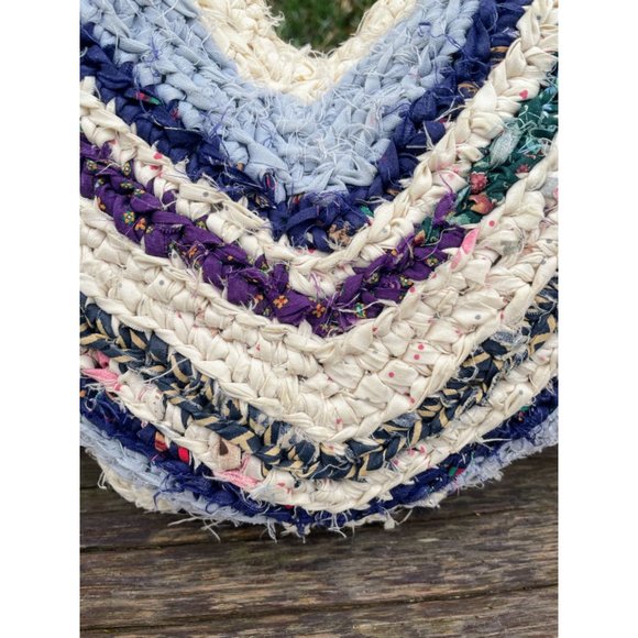 Vintage Heart Shaped Rag Rug Accent Pillow Farmhouse Primitive Blue White - Picture 9 of 16